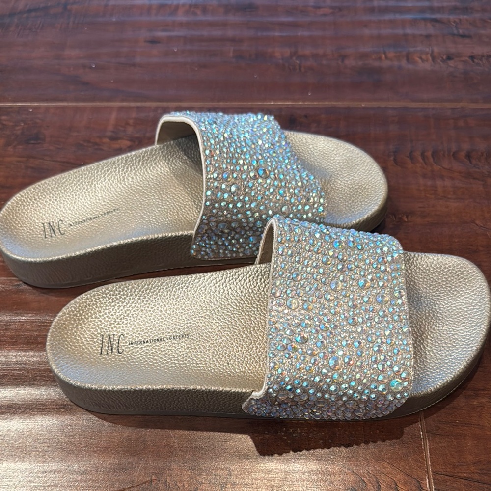 INC Women's Glittering Slides Gold Iridescent Sandals, Size 6, EUC!